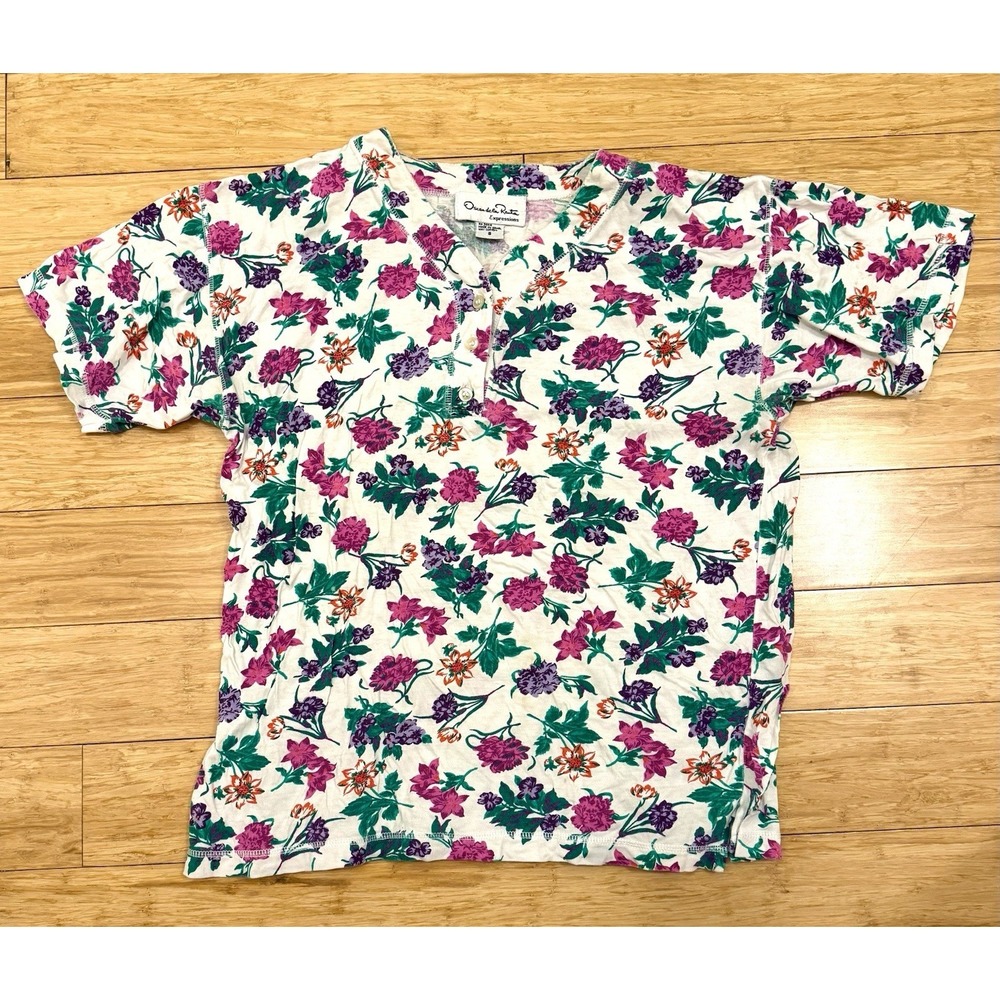 Oscar De La Renta Floral White Top Short Sleeve With Top Buttons Size Small Rare